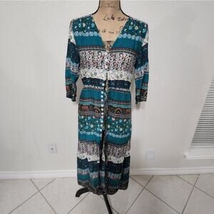 YOUBOYA teal pink paisley striped cottage floral‎ dress size small